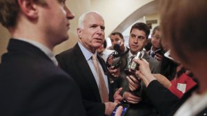 Sen. John McCain, R-Ariz., answers reporters questions before taking to elevator on Capitol Hill in Washington, Tuesday, April 25, 2017. (AP Photo/Pablo Martinez Monsivais)