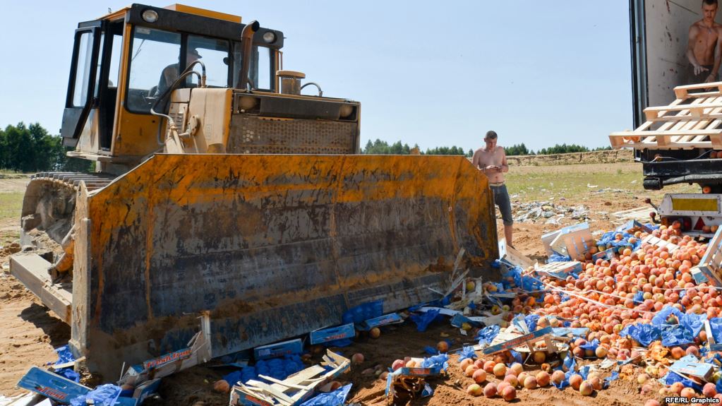 (FILES)-- A file photo taken on August 7, 2015 shows a worker using a bulldozer to crush crates of peaches outside the city of Novozybkov, about 600 km from Moscow. Russia's Communist Party announced on August 13 that it has submitted a bill to parliament calling for smuggled Western food to be given to the needy instead of being destroyed. Authorities last week pulped hundreds of tonnes of cheese, vegetables and fruits as they began a campaign ordered by President Vladimir Putin to destroy food brought in despite an embargo imposed in retaliation for sanctions over Ukraine. AFP PHOTO / ONLINER.BY